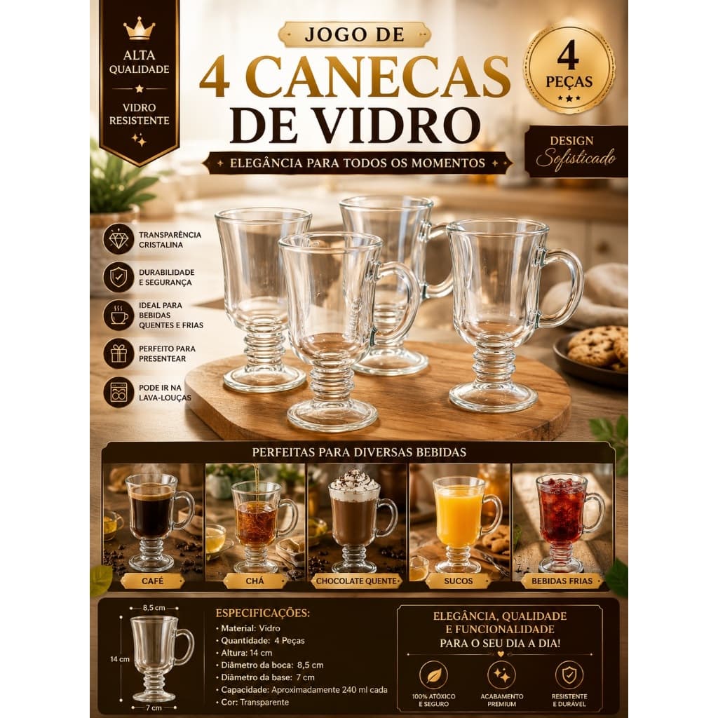 Kit 4 Taças de Vidro 120ml para Cappuccino Café Irish Coffee Licor
