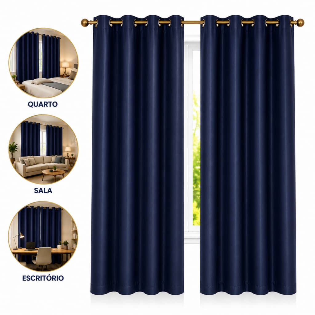 Cortina Blackout 100% Corta Luz Azul Marinho com Ilhós para Sala Quarto