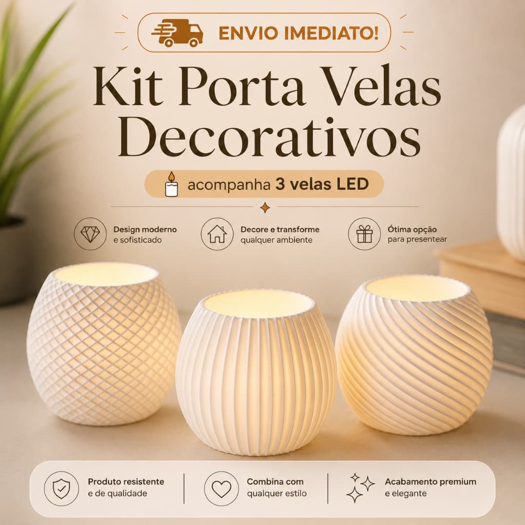 Kit 3 Porta Velas Decorativos | Vasos Decorativos + Vela LED Inclusa Sala Quarto Centro de Mesa
