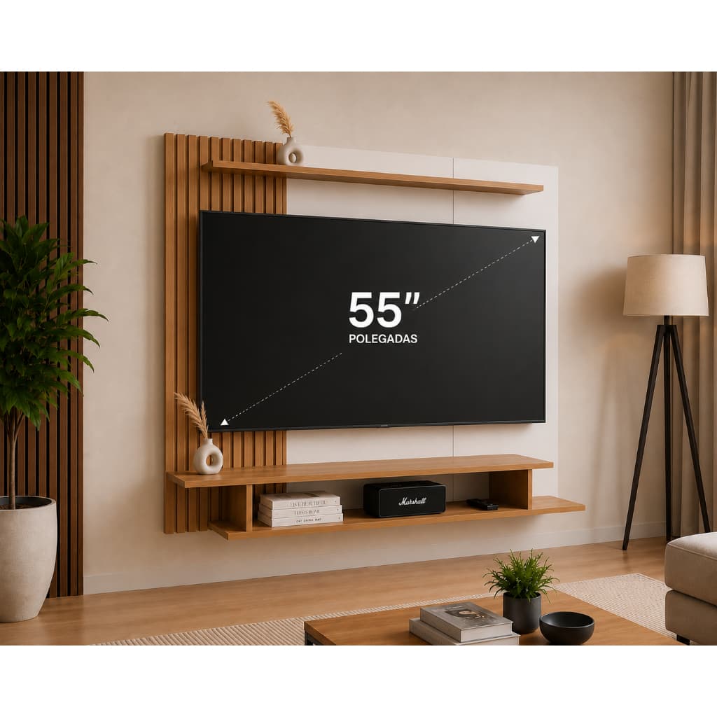 LANÇAMENTO! Painel para TV Ripado 3D de 43 Até 55 Polegadas, Rack Suspenso com Nichos e Prateleira, Sala Moderna