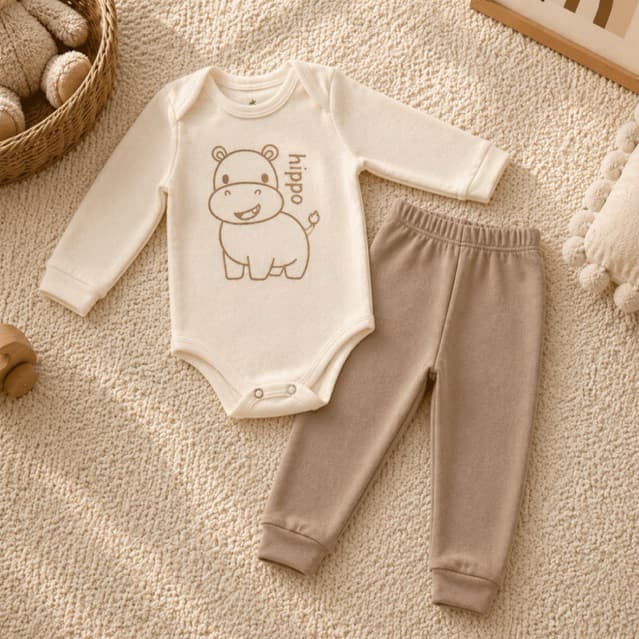 Conjunto Bebê 100% Algodão RN ao GG Estampa Hipopótamo Unissex Minimalista Neutro | Closet Infantil