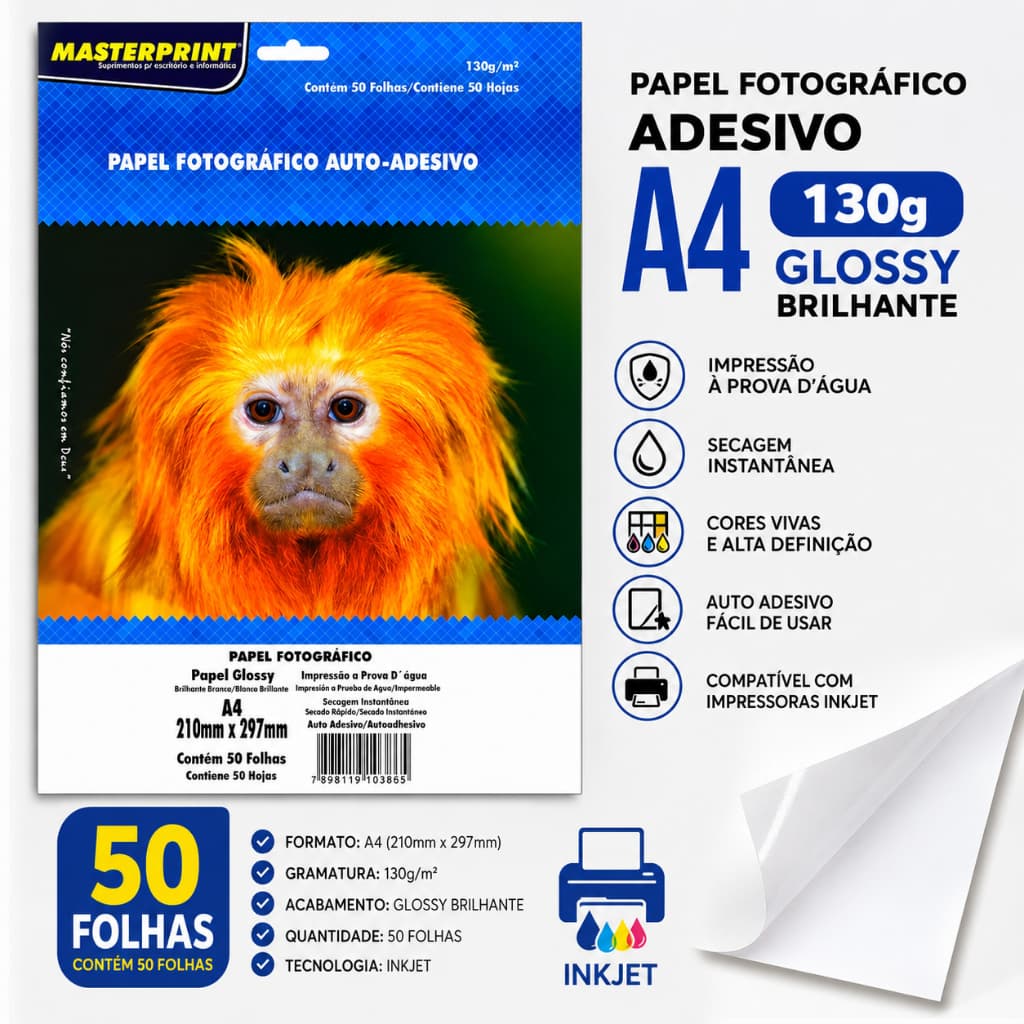 Papel Fotográfico Adesivo A4 130g Glossy Brilhante 50 Folhas Masterprint Inkjet