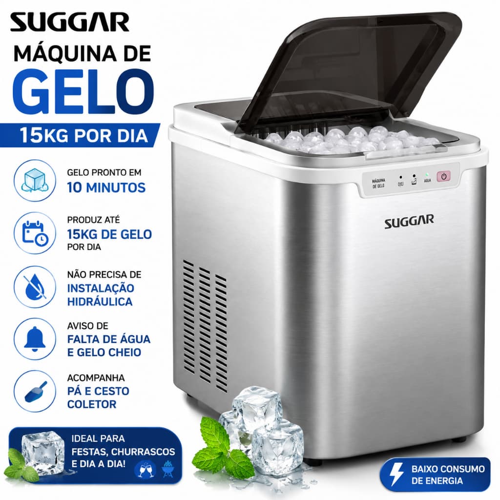 Máquina de Gelo Suggar 15kg por Dia Ice Maker 220V | Gelo em 10 Minutos | Sem Instalação Hidráulica