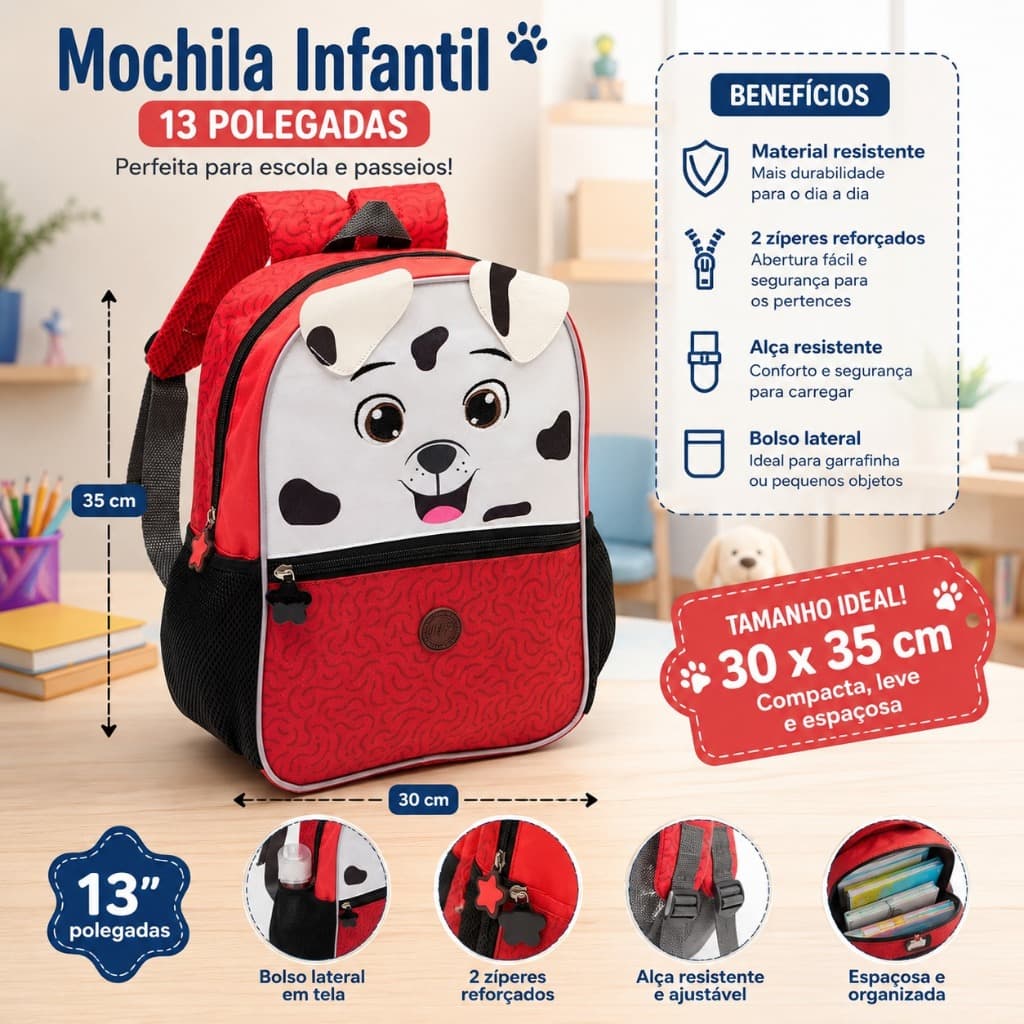 Mochila de Costa Escolar Infantil 30x35 Primeira Infância 13" Doguinho 2 Zíper Creche Bolso Lateral