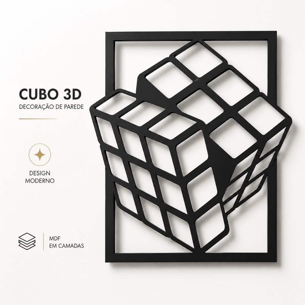 Quadro Decorativo Cubo 3D em MDF Preto
