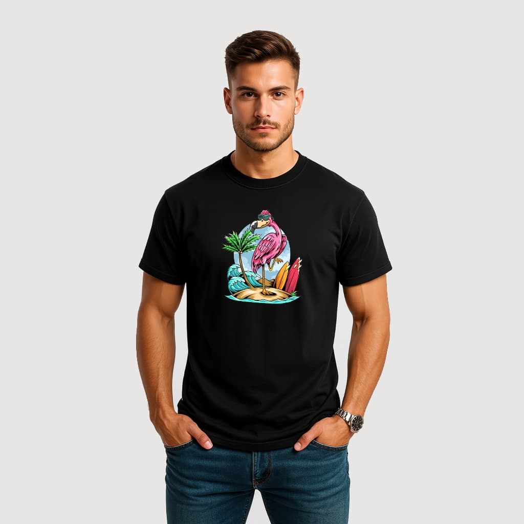CAMISETA MASCULINA ALGODÃO FLAMINGO ROSA OCULOS PRAIA TROPICAL