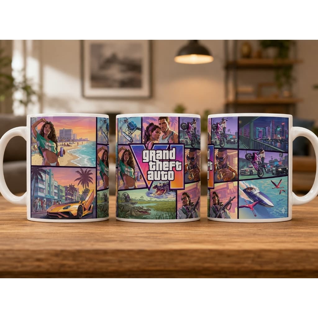 Caneca GTA 6 Vice City 325ml – Estampa Gamer Colorida em Porcelana | Presente para Fãs de Games