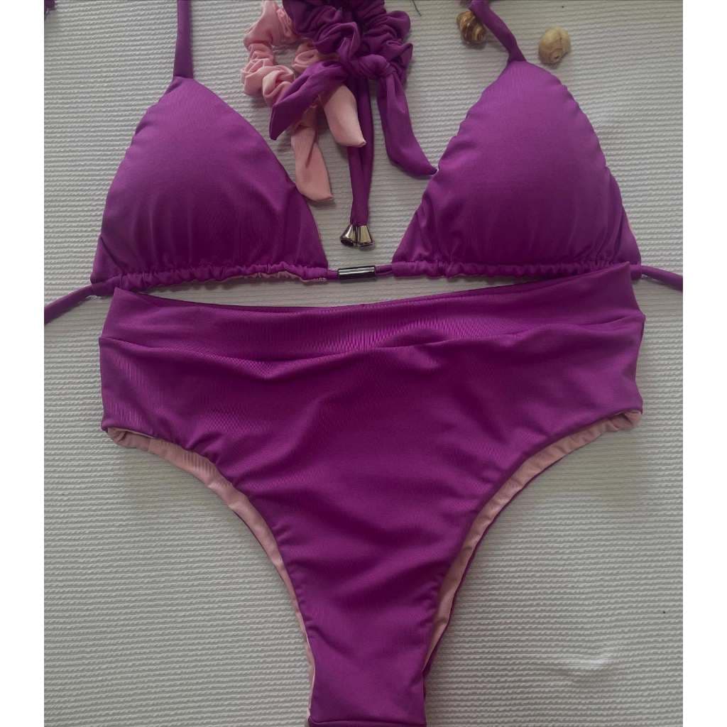 Biquini hot pant todo dupla face fucsia com rosa bebê.