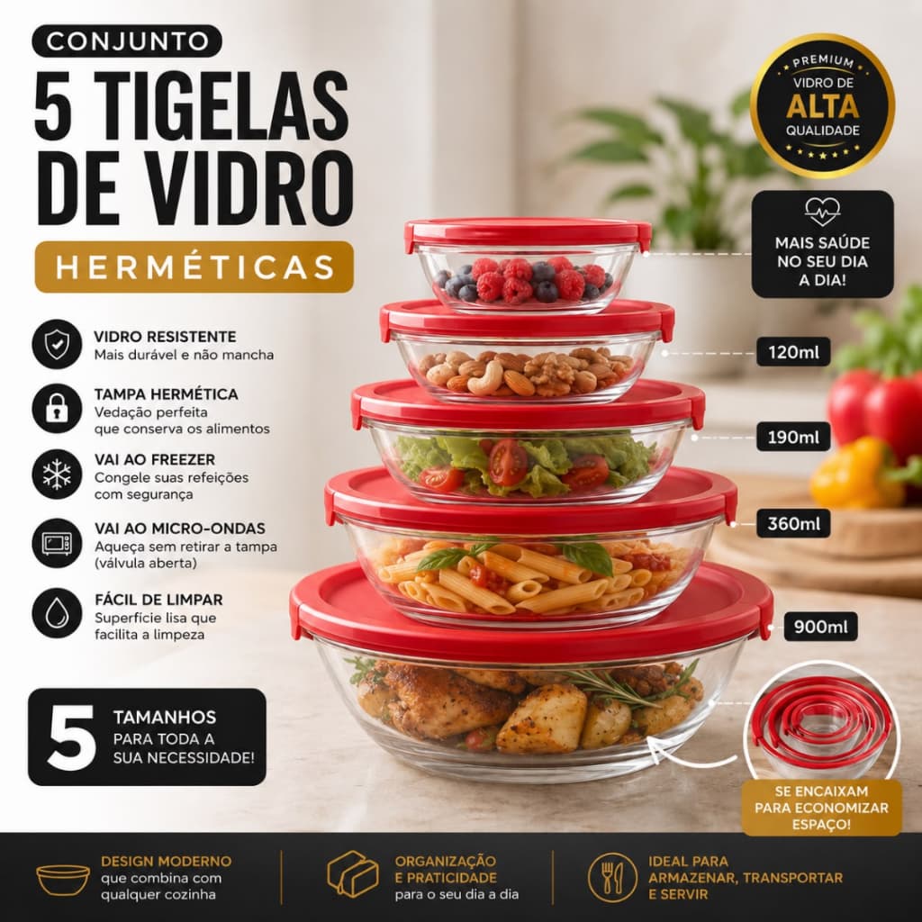Conjunto Tigela Vidro Bowl Marmita Herméticos Tampa 5 Peças Cozinha Refeições