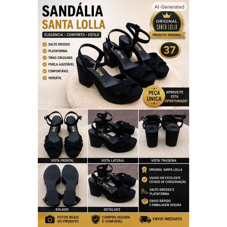 Sandália Santa Lolla Original Plataforma Salto Grosso Preta Feminina Festa Casual Confortável Tam 37