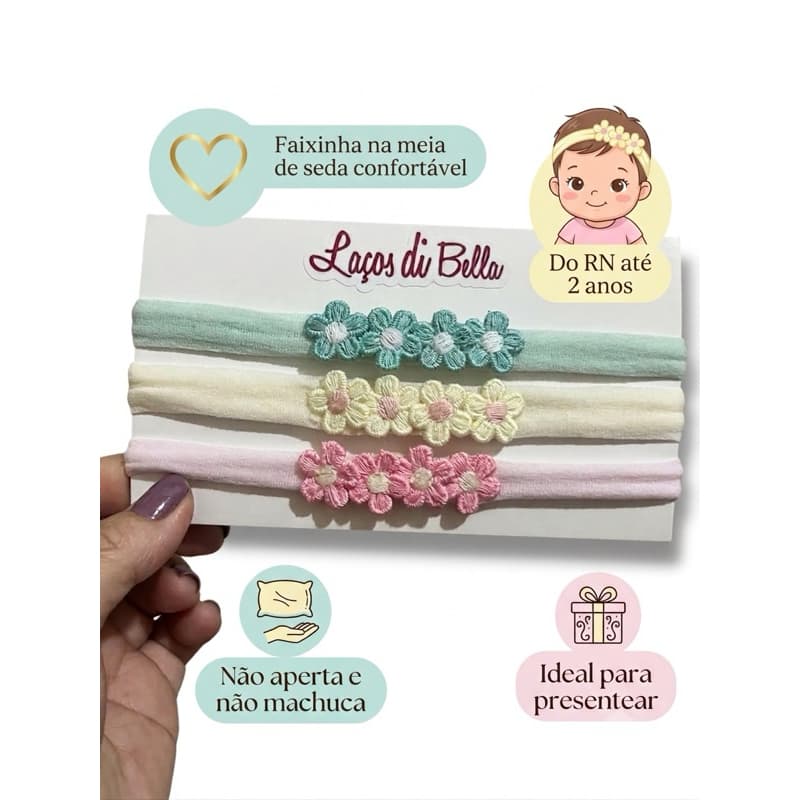 Kit 3 Faixinha de Cabelo para bebê na meia de seda Kit Faixinha Bebê Kit Faixinha RN