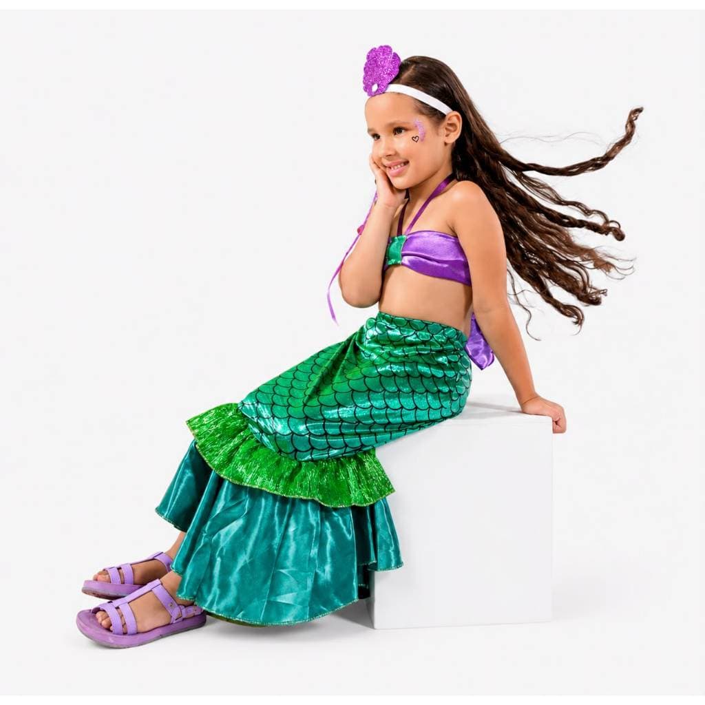 Fantasia Infantil Pequena Sereia Ariel Princesa Vestido Luxo com Cauda Tiara Menina Festa Carnaval