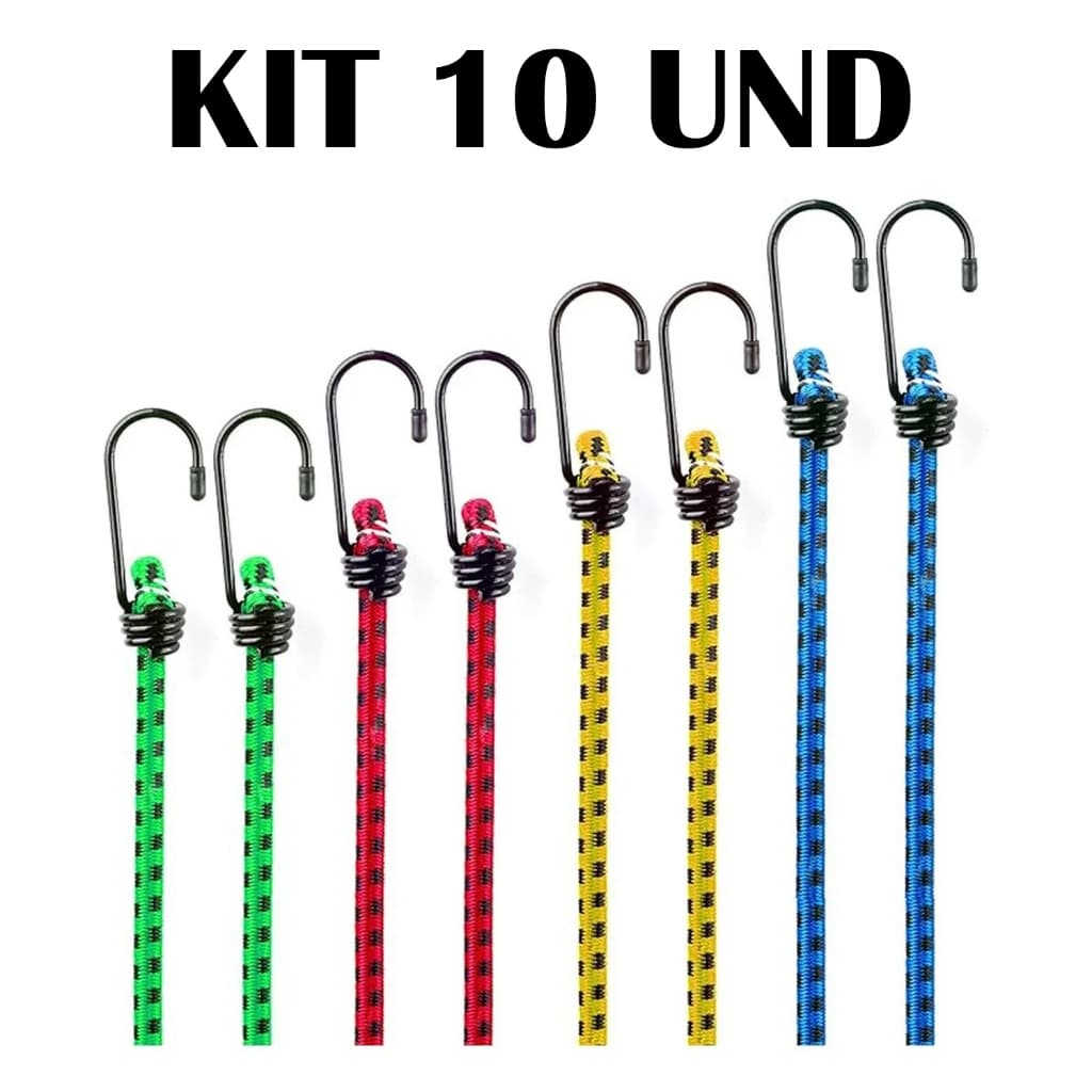 Kit 10un Corda Elástica 1,50m para bagagem moto/bike/carros gancho arame colorido
