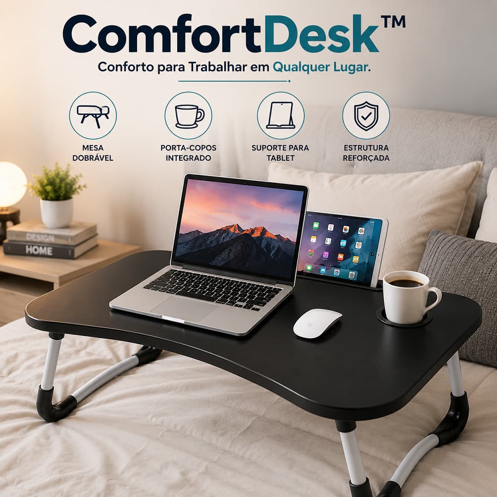 Mesa Dobrável para Notebook Portátil Suporte Home Office Cama Sofá com Porta Copos e Suporte Tablet ComfortDesk™