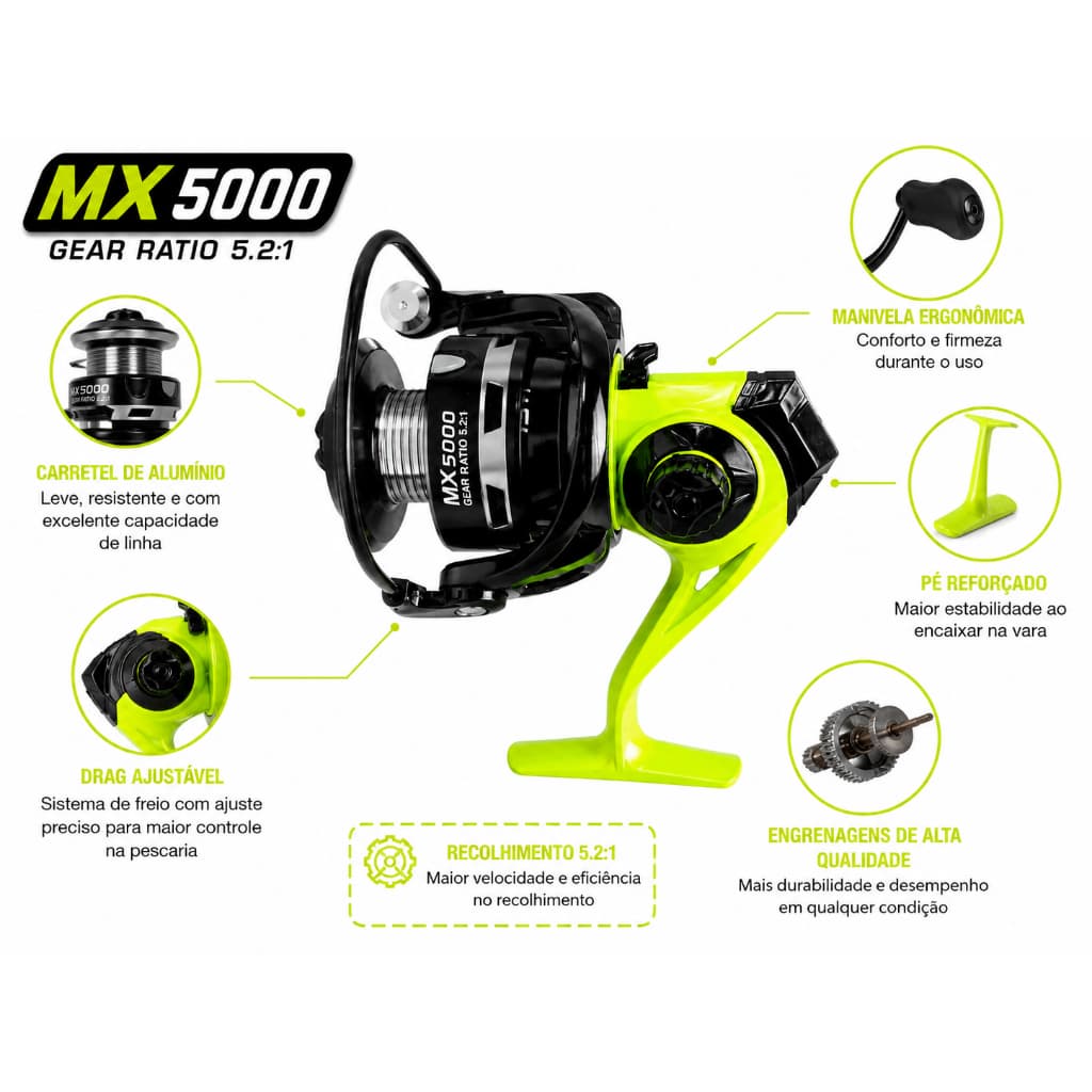 Molinete de Pesca MX3000/5000 14 Rolamentos Relação 5.2:1 Carretel Grande Água Doce e Salgada