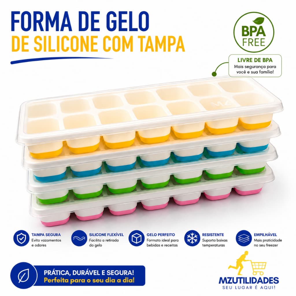 Fita de Gelo Silicone com Tampa BPA Free 14 Cubos Forma de Gelo Flexível Antiodor Congelador