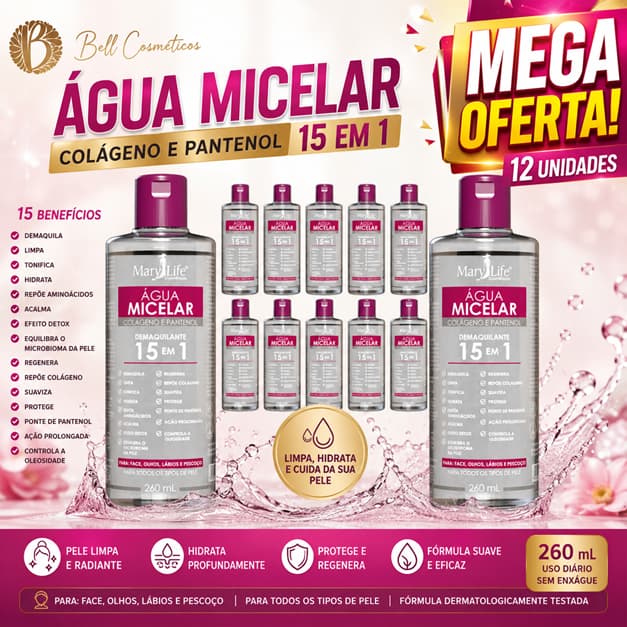 Kit 12 Unidades Água Micelar Demaquilante Colágeno e Pantenol com 15 Benefícios 260ml Atacado