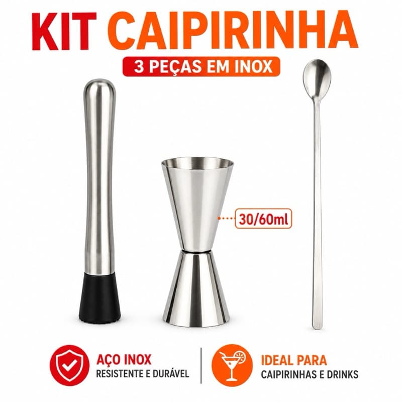 Kit Caipirinha Inox com Dosador Socador e Colher  Bailarina– Para Preparar Drinks