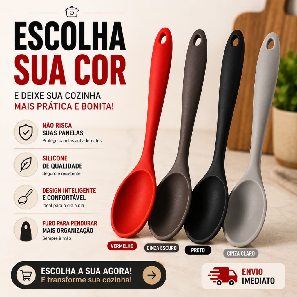 Colher 100% Silicone 27cm Grande para Panela Anti Aderente Jogo de Cozinha Casa Colorida Servir