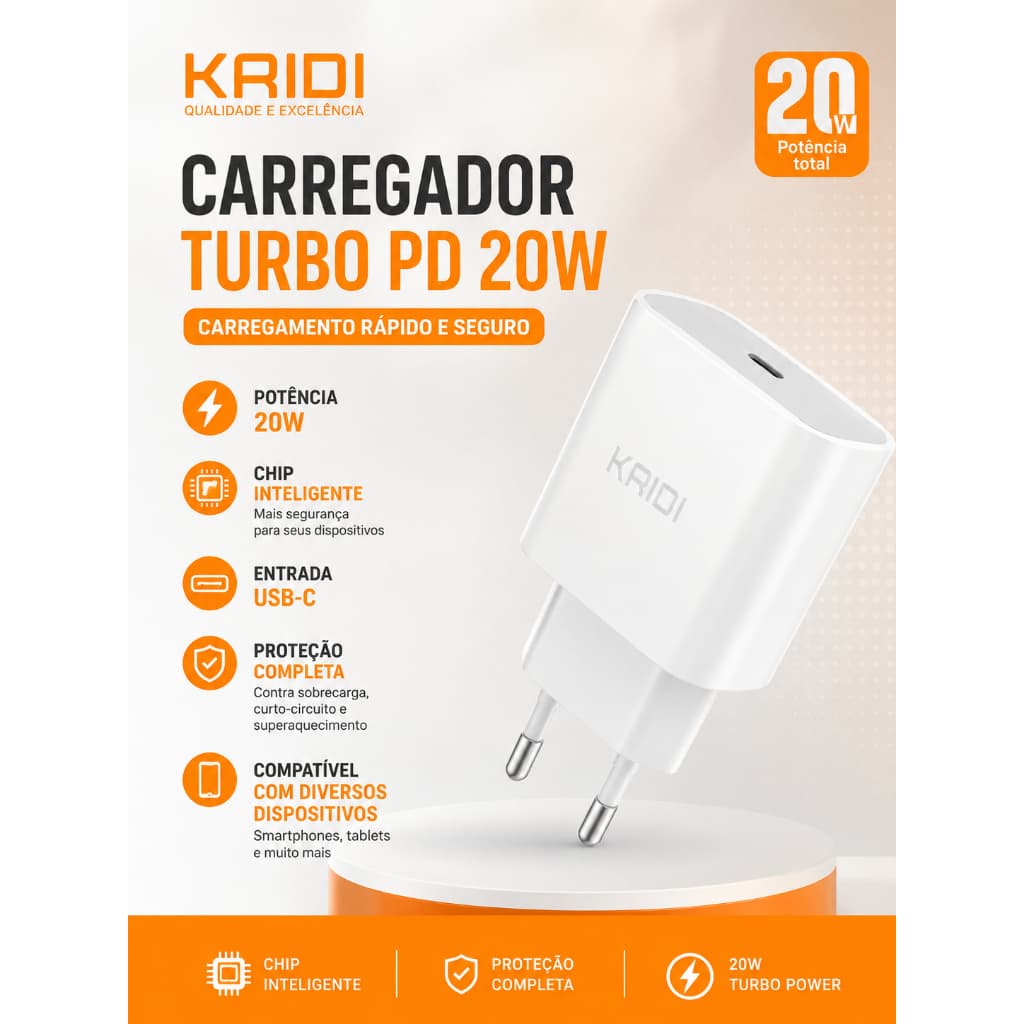 Carregador Fonte Turbo PD 20W Sem Cabo Kaidi KD-108 carregador celular tipo c