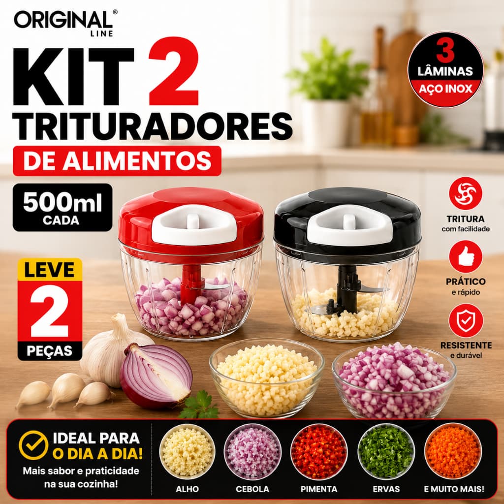Kit 2 Trituradores de Alimentos Manual 500ml para Alho e Legumes