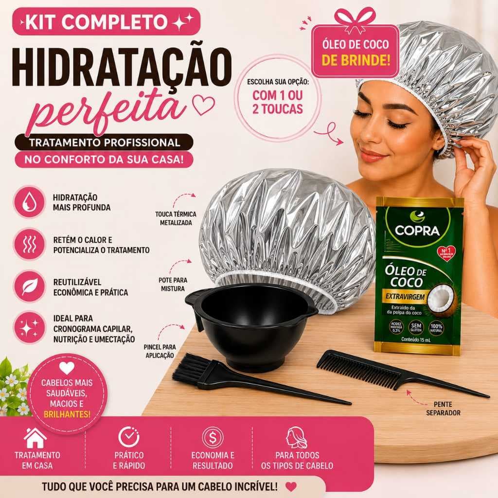 Kit Hidratação Capilar Com 1 ou 2 Toucas Térmica Metalizada + Óleo de coco + Pote e Pincel-Tratamento em casa
