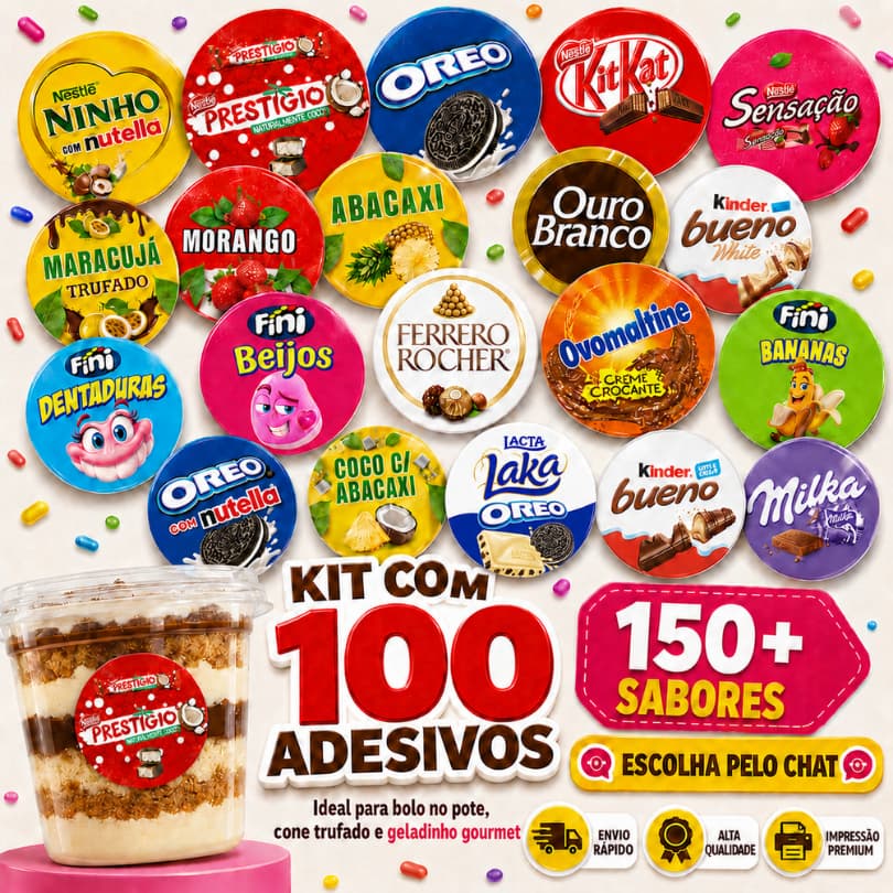 Kit 100 Adesivos Sabores Confeitaria Rótulos Etiquetas Bolo no Pote Cone Trufado Pão de Mel Trufa
