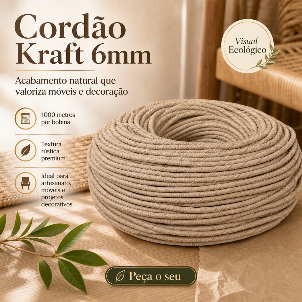 Cordão Papel Kraft Torcido 6mm-50m Artesanato Decoração Revestimento Móveis