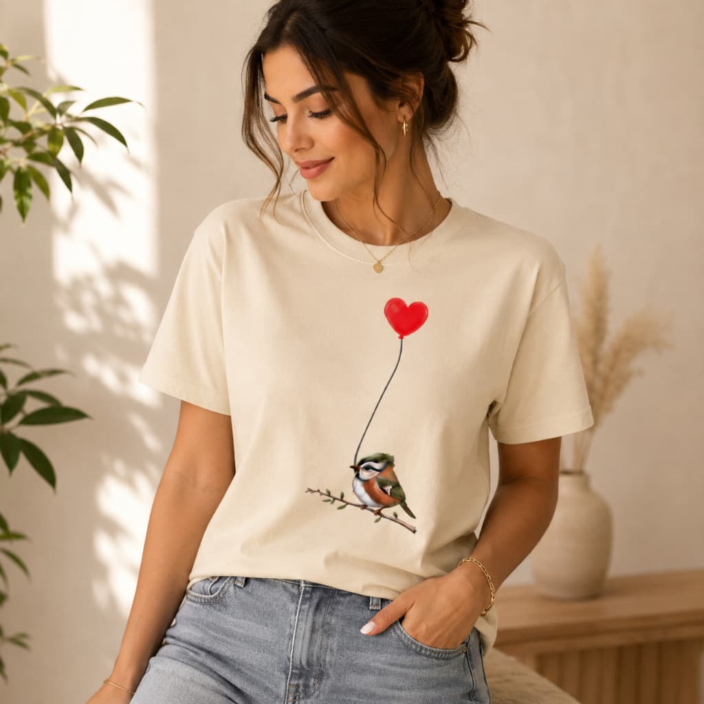 Camiseta Casual Feminina de Manga Curta com Gola Redonda Estampa Pássaro Balão Coração Algodão Estilosa