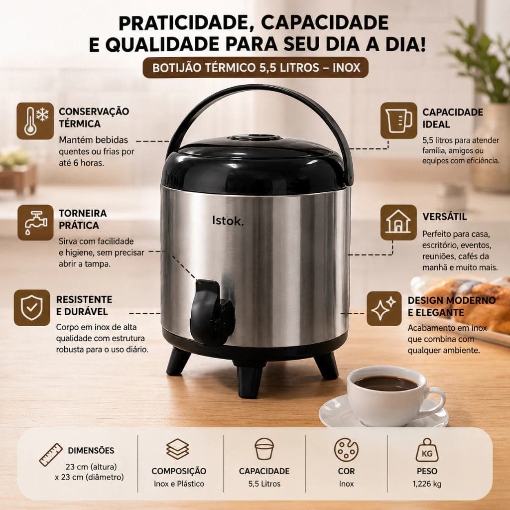 Botijão Térmico 5,5 Litros 9,5 L - Inox café chá terere