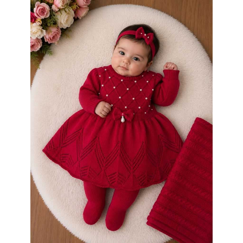 Kit Saida de Maternidade Perolas Completo 3 peças Luxo Tricot Vestido Calça Manta Recém Nascido Menina