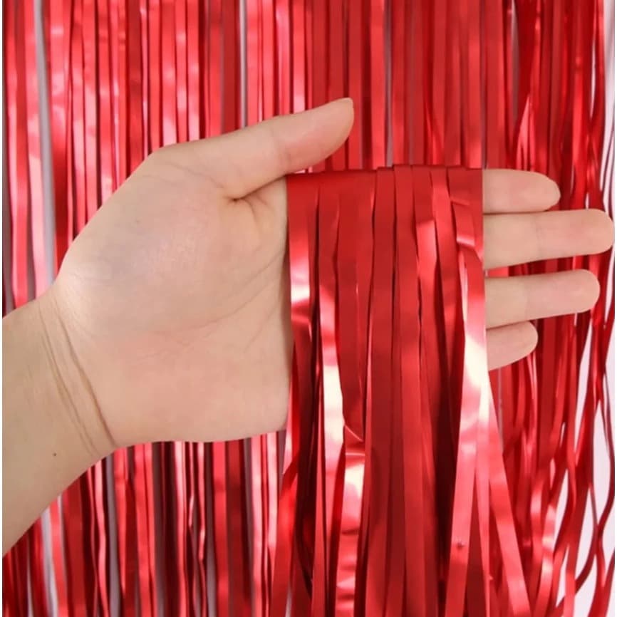 Kit 2 Cortinas Metalizadas Vermelha 1x2m Franja Decorativa Festa Carnaval Painel Brilho