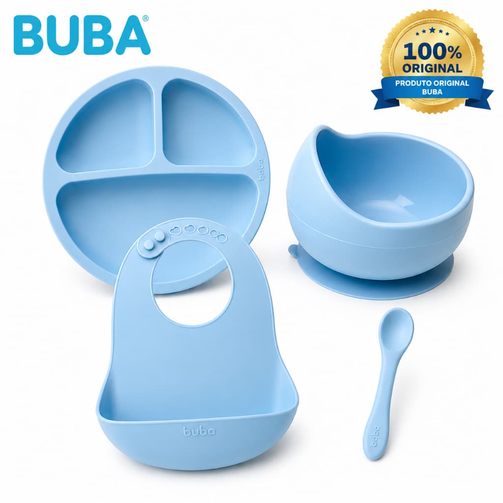 Kit Alimentação Bebê Silicone Buba 4 Peças Original Prato Bowl Babador Colher BPA Free