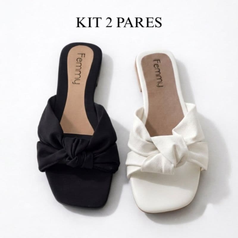 Kit 2 Pares Sandália Rasteirinha Feminina Com Detalhe Em Nó Flat Leve Confortável Casual Escolha As Cores