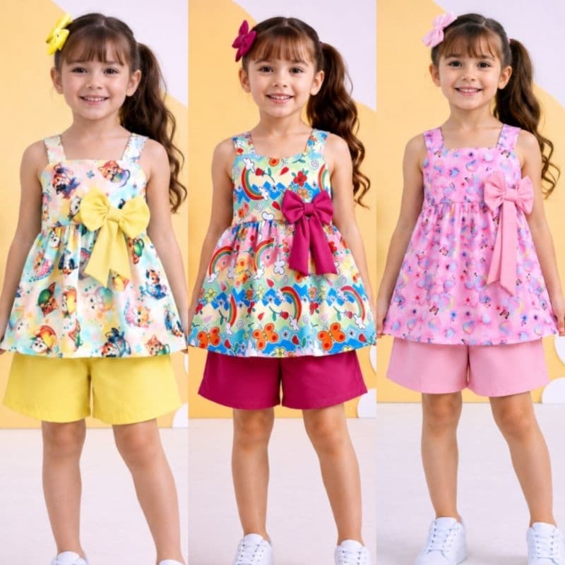 Conjunto Infantil shorts para menina criança verão estampa personagem passeio aniversário festa