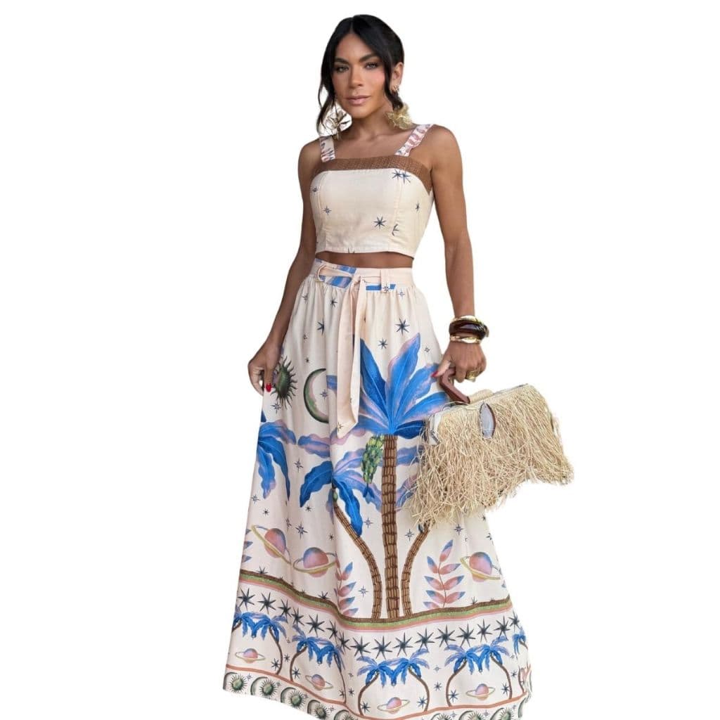 Conjunto Feminino Cropped e Saia Longa Estampado Floral Verão Tropical Viscosarja Premium Moda Elegante