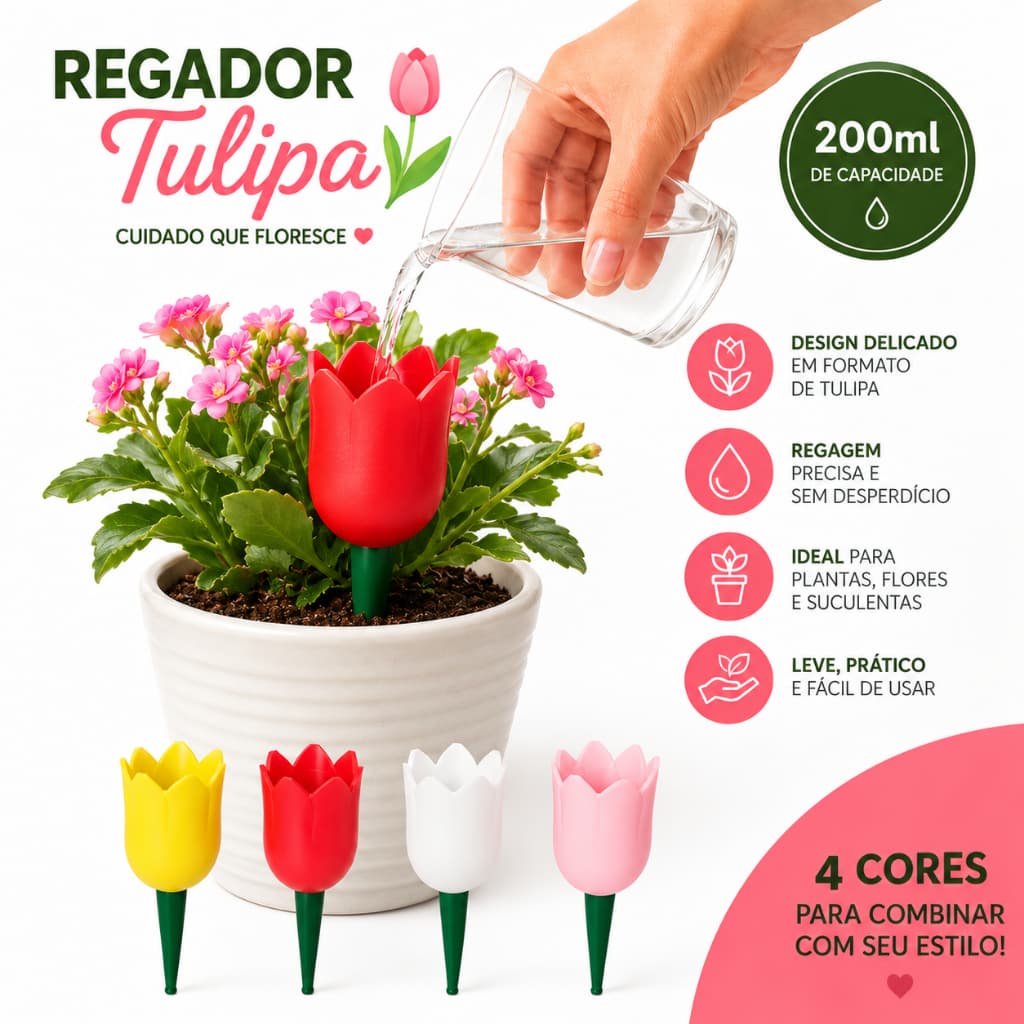 Regador Tulipa Colorido 200ml Design Elegante para Cuidado Prático com suas Plantas