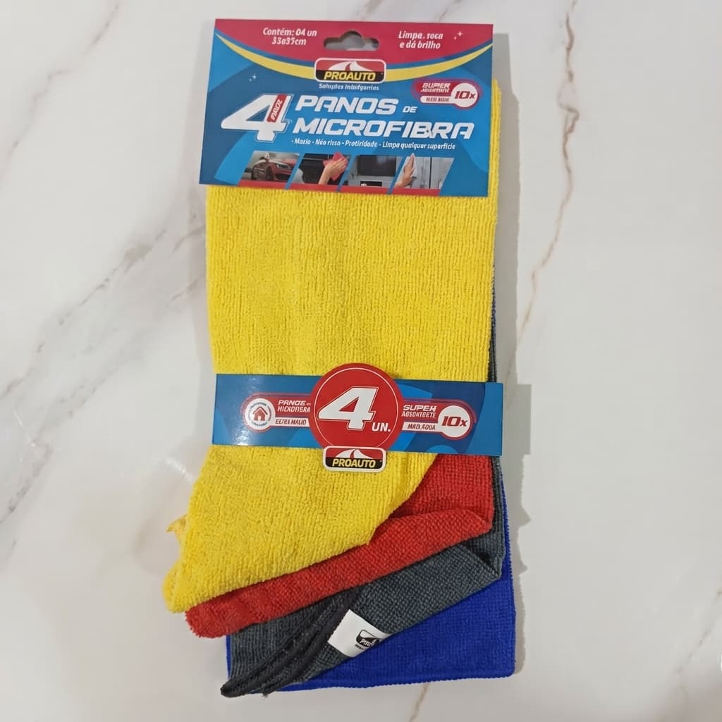 Kit 4 Panos de Microfibra Proauto 33x35cm Alta Absorção Multiuso para Limpeza Automotiva e Doméstica Coloridos