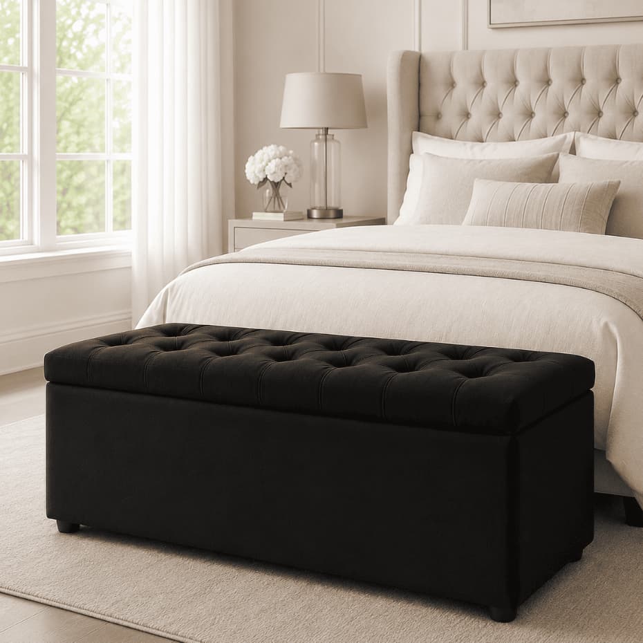PUFF BAÚ ESTOFADO 90CM CAPITONÊ SUEDE PRETO ORGANIZADOR PORTA OBJETOS ROUPAS SAPATOS BRINQUEDOS SALA