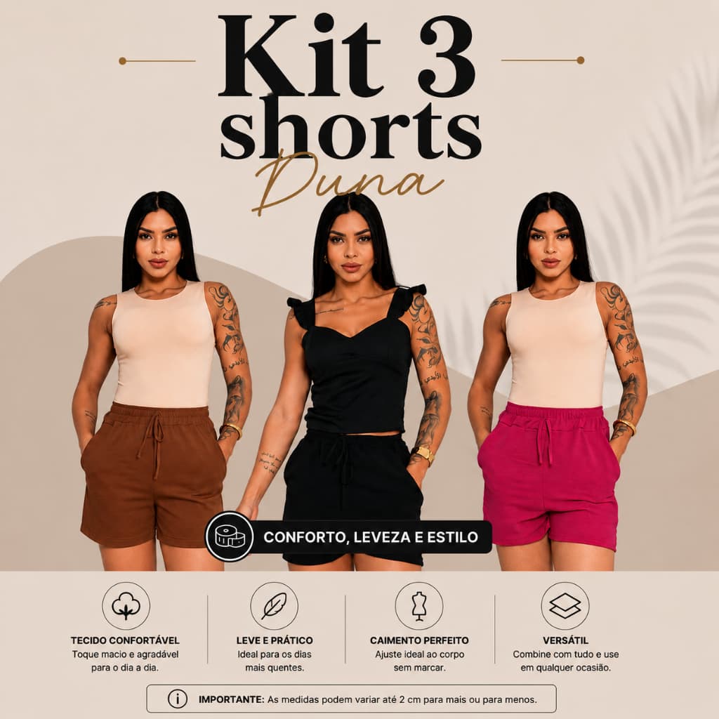 Kit com 3 Short Feminino Com Bolso Leve Soltinho Verão Praia Tecido Duna Cintura Alta Tendência