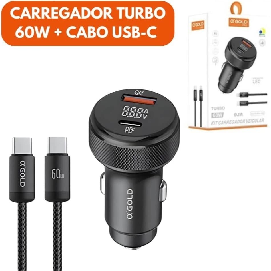 Carregador Veicular Turbo TIPO C + USB 60W Turbo GOLD  - Carregamento bem rápido/Universal CARRO