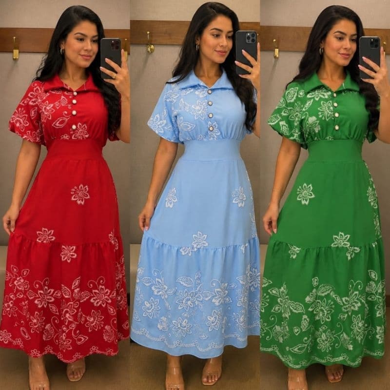 vestido femenino manga curto com botões funcional tecido duna forrado gola social primaveira verão