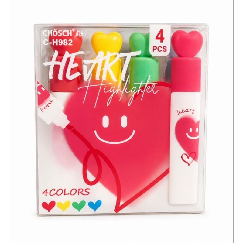 Kit Marca Texto Coração 4 Cores Kawaii | Marca Texto Fofo Heart Highlighter para Escola, Estudo e Escritório