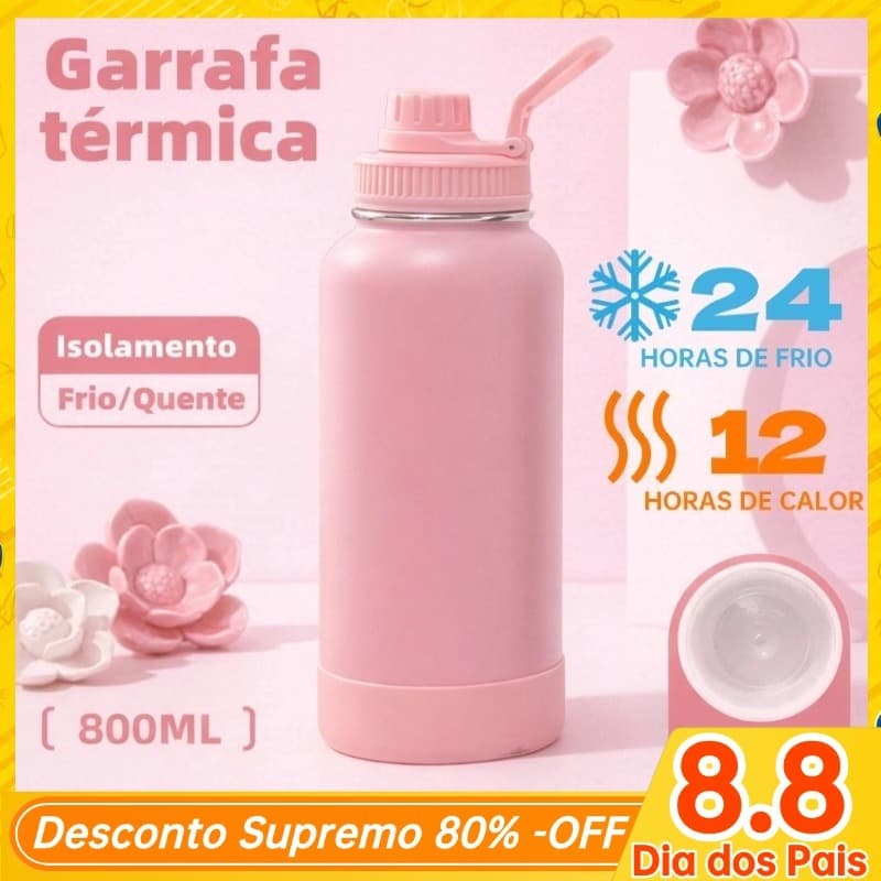 Garrafa Térmica De água 800ml Quente Frio 304 inox Com alça Premium Copo Colorida academia-116