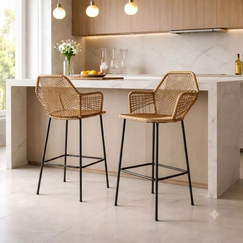 Kit 2 Banquetas Altas Tropicália Corda Encosto Fibra Sintética Sacada Balcão Cozinha