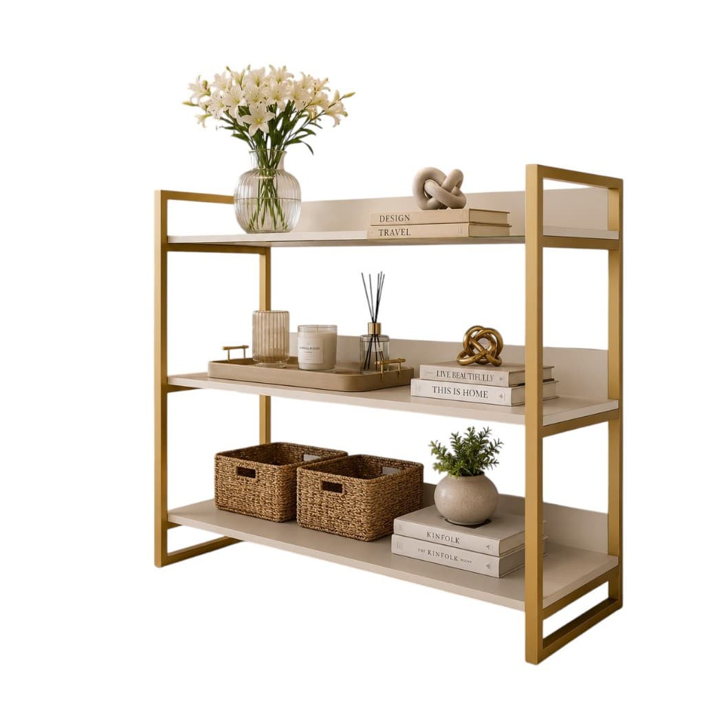 Aparador Decorativo Sala Hall Entrada 3 Prateleiras Off White Dourado