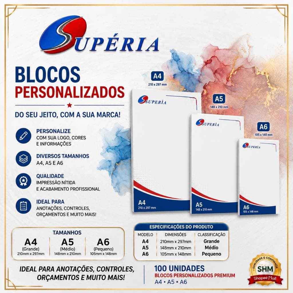 Bloco Personalizado com Sua Arte | A4, A5 e A6 | Bloco Timbrado 100 Folhas