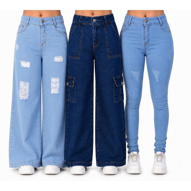 Combo 3 Calças Juvenil Feminina Cargo Wide Leg e Slim Jeans 10 ao 16