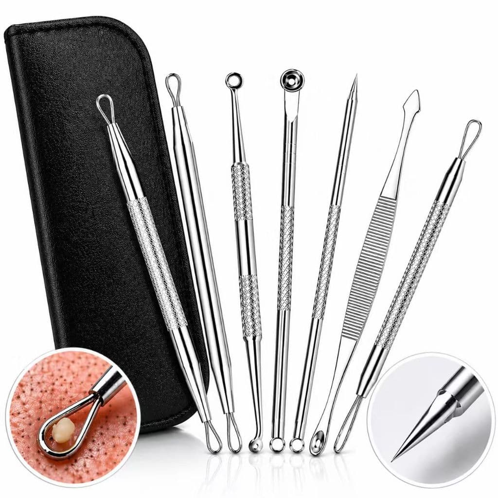 Kit 7 Peças Removedor de Cravos e Espinhas em Aço Inox com Estojo