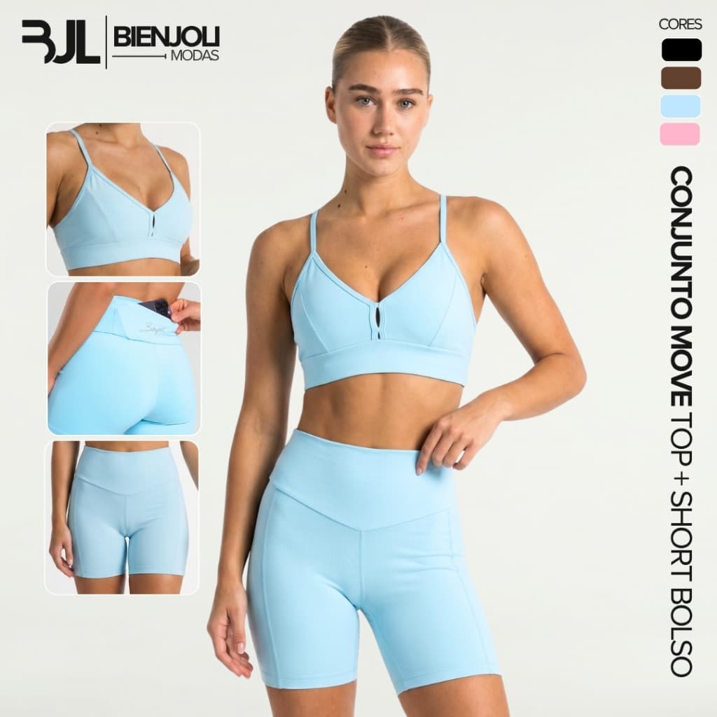 Conjunto Top e Short Fitness com Bolso Zero Transparência Feminino Decote Academia Corrida Esportivo